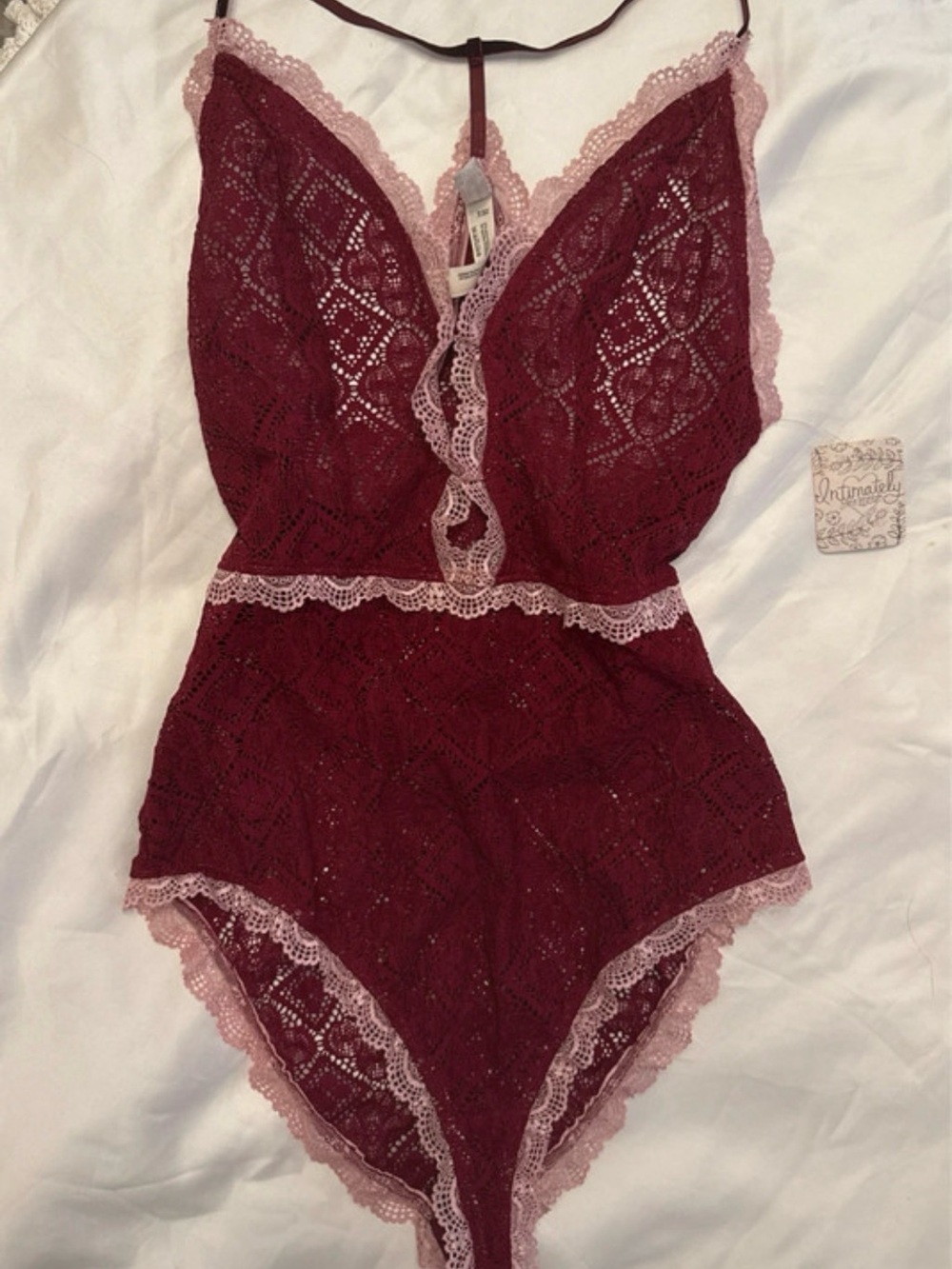 Free People Lace Plunge Bodysuit in Burgundy with Dusty Pink Trim